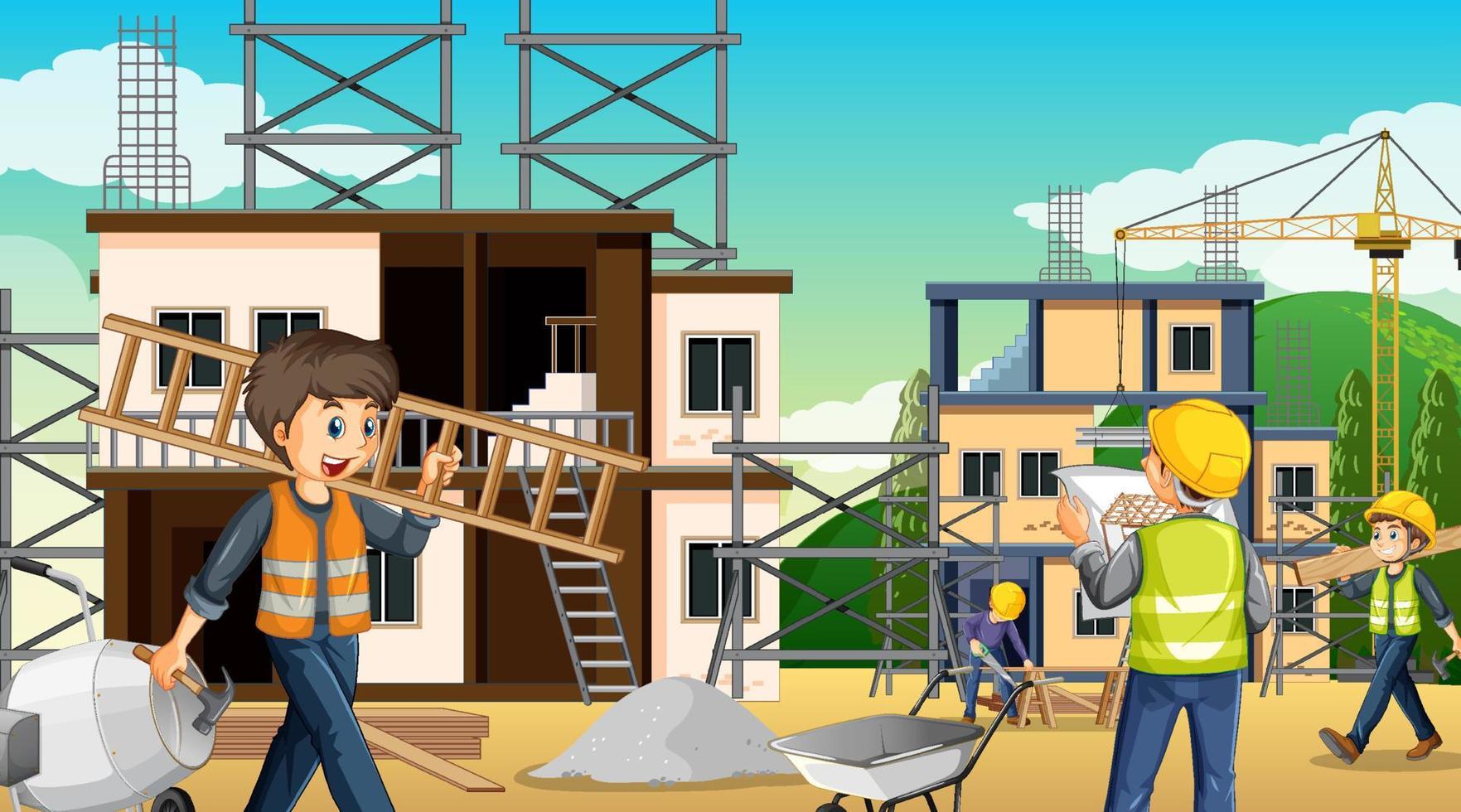 Building construction site with workers vector