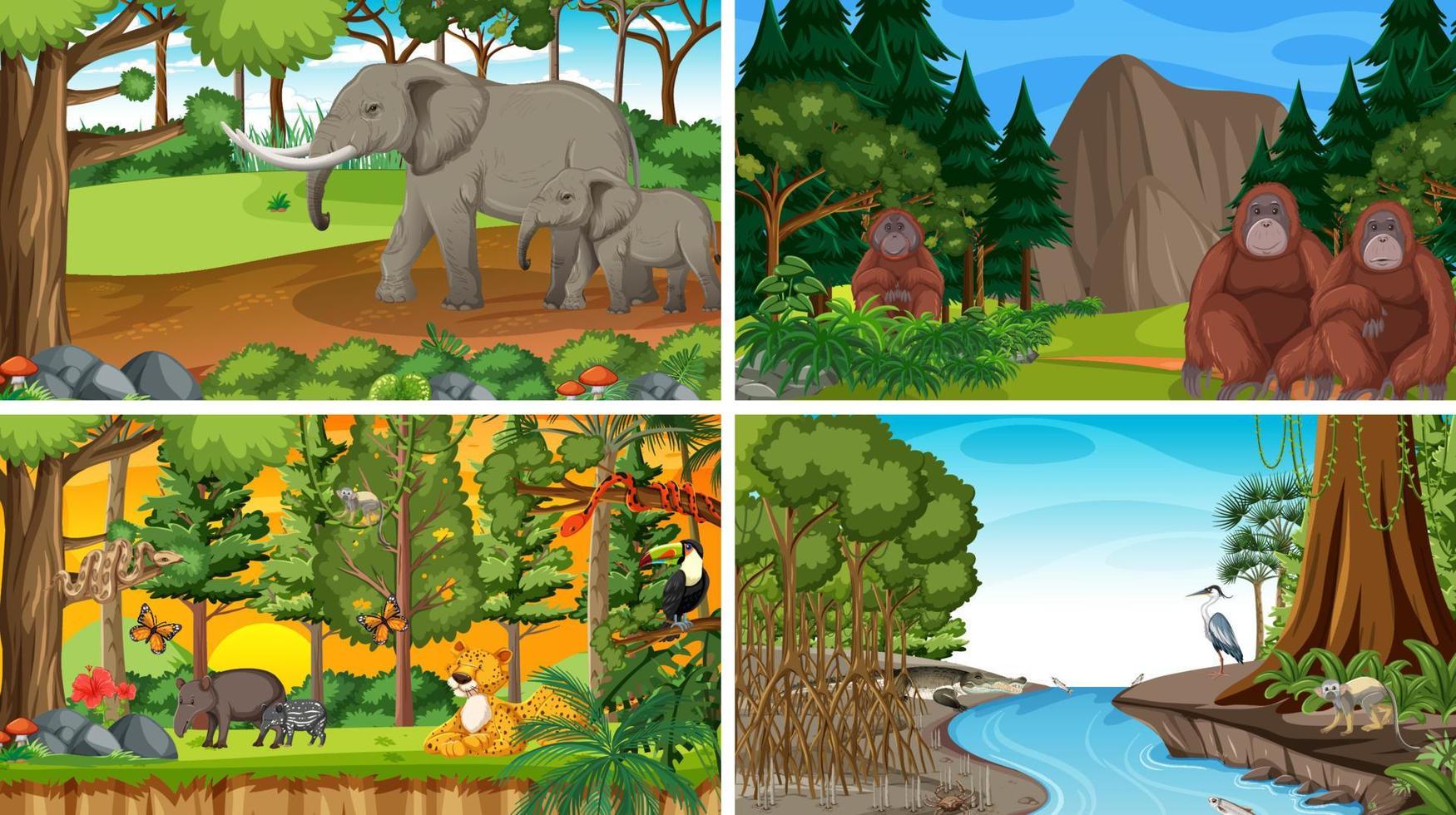 Different forest scenes with wild animals vector