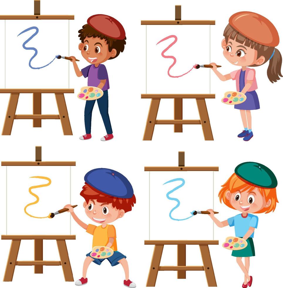 conjunto de diferentes niños dibujando sobre lienzo vector