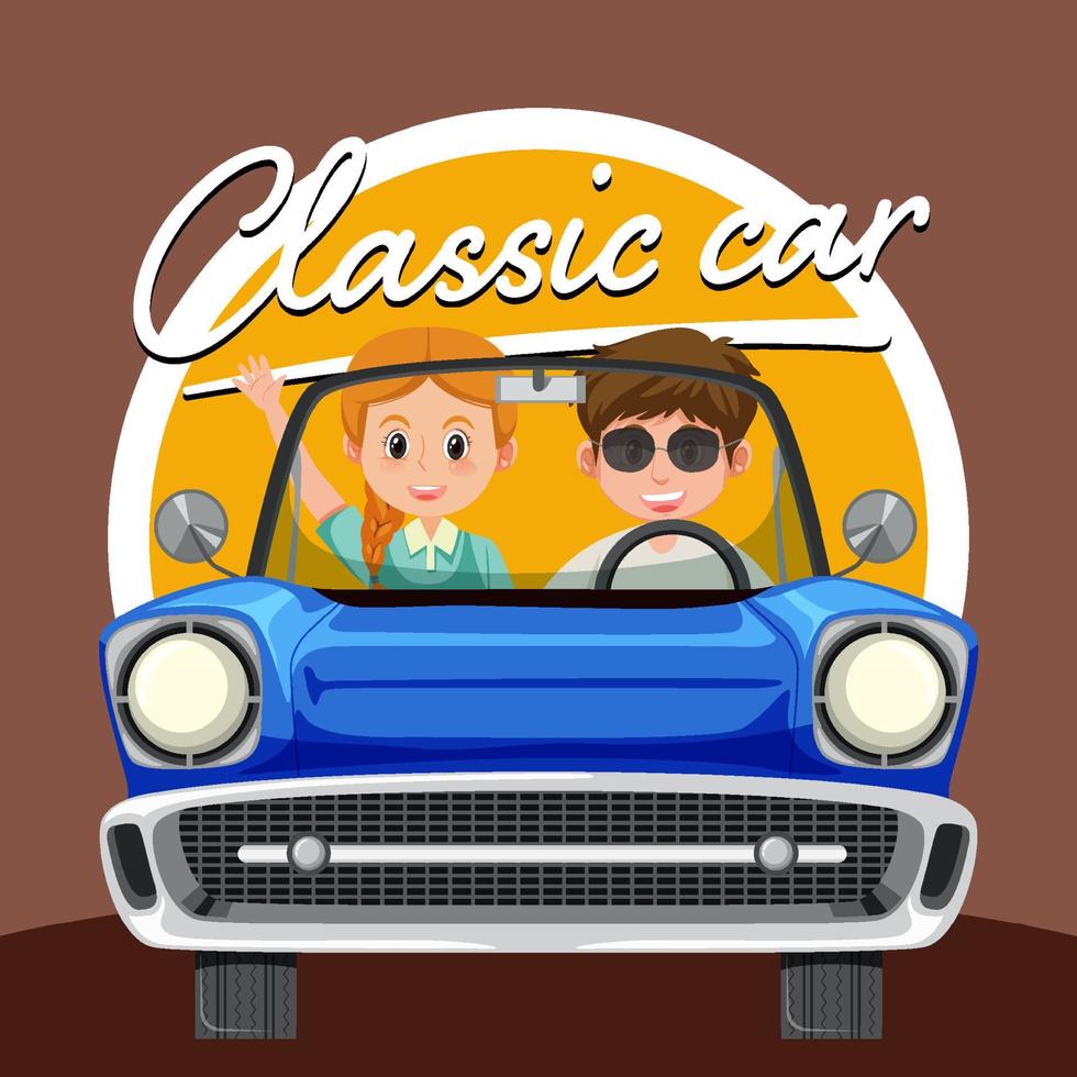Couple in classic car in cartoon style vector