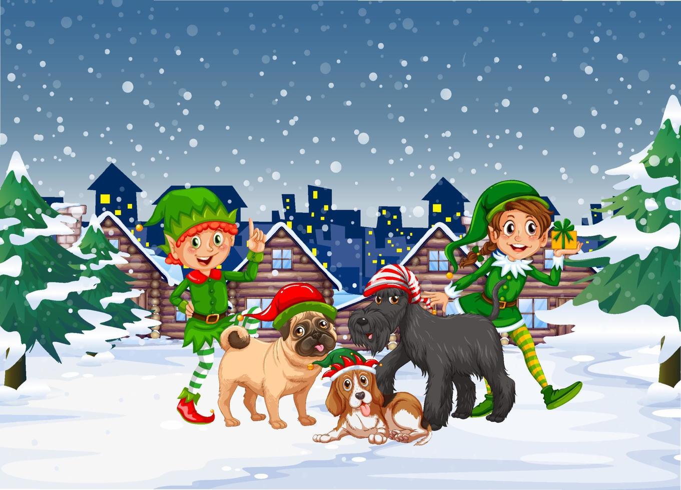 escena de la noche de navidad nevada con elfos y perros vector