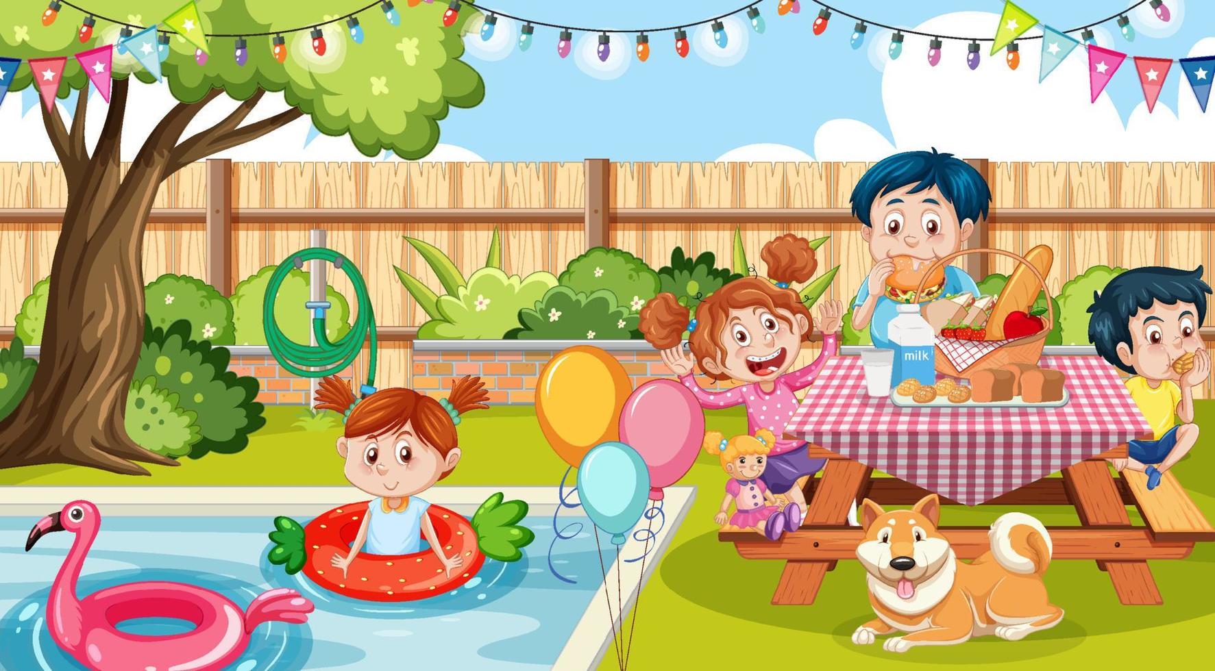 Scene of backyard with kids and fence vector