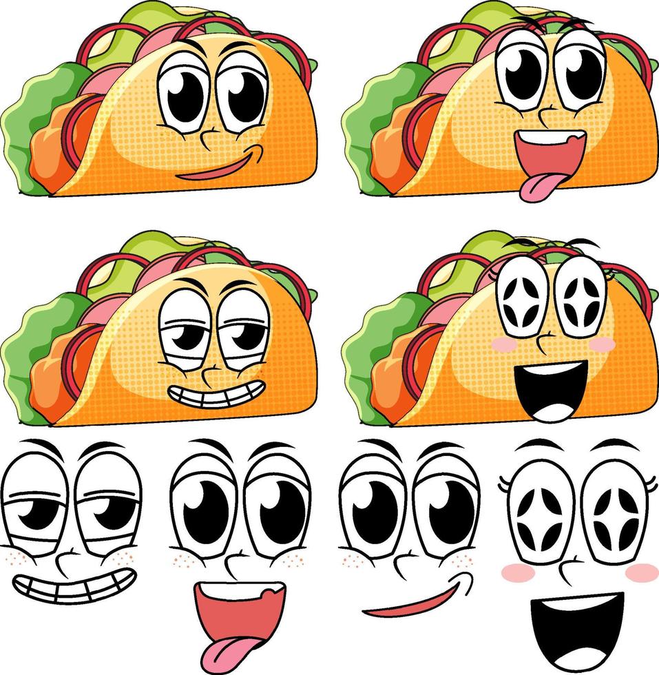 conjunto de dibujos animados de estilo vintage de expresión facial con taco sobre fondo blanco vector