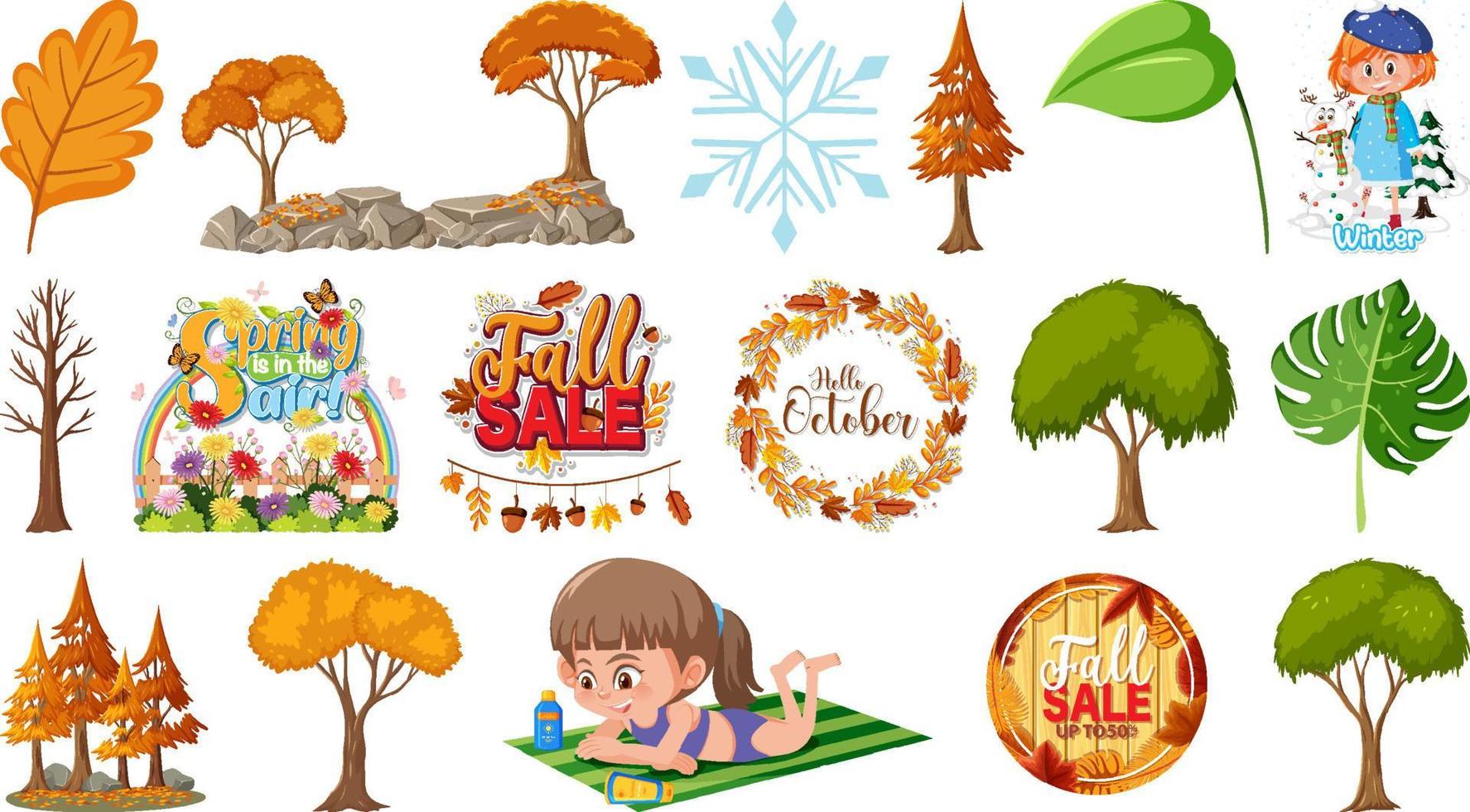 Set of four seasons trees and nature objects vector