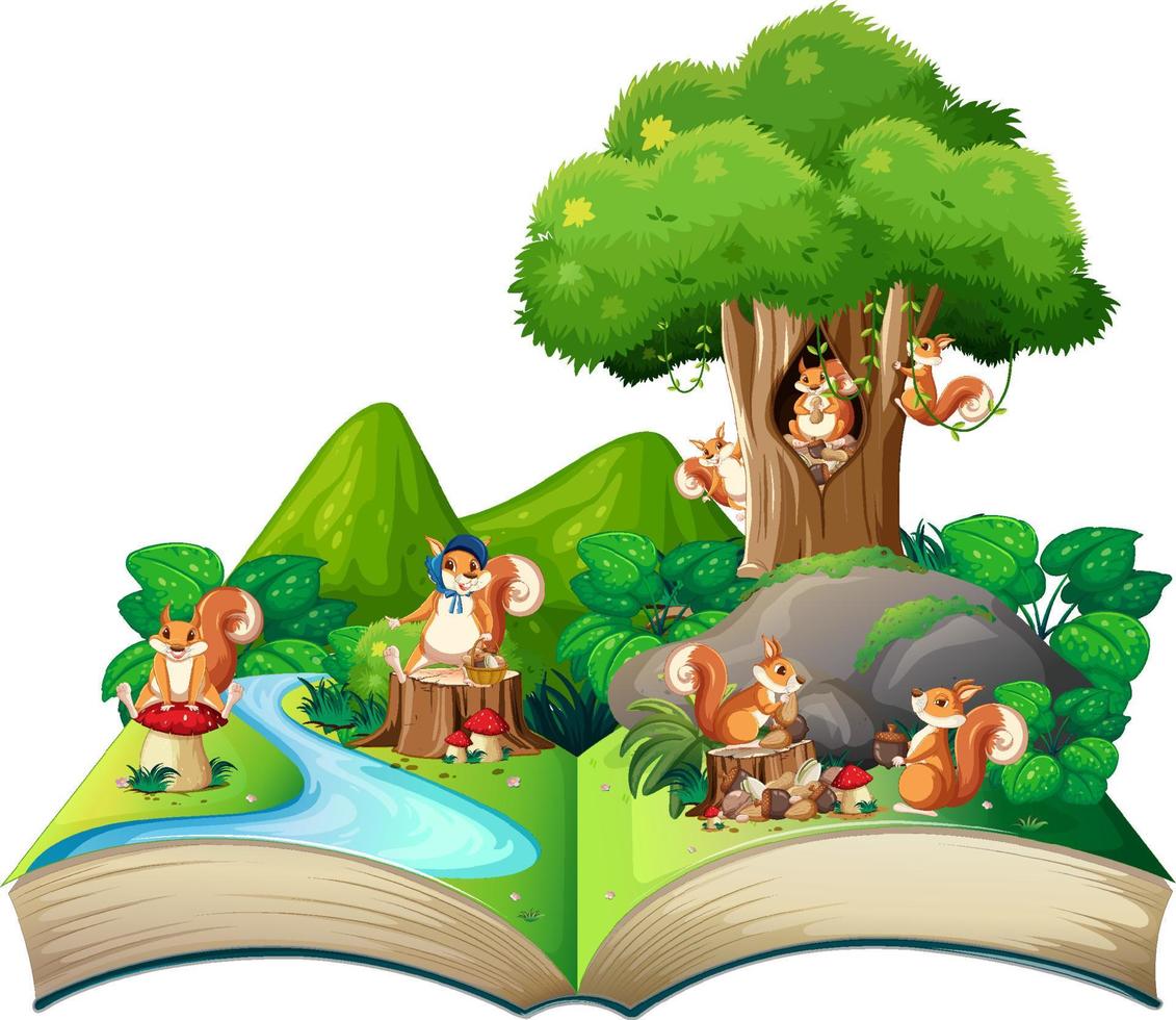 Book with scene of  squirrels playing by the river vector