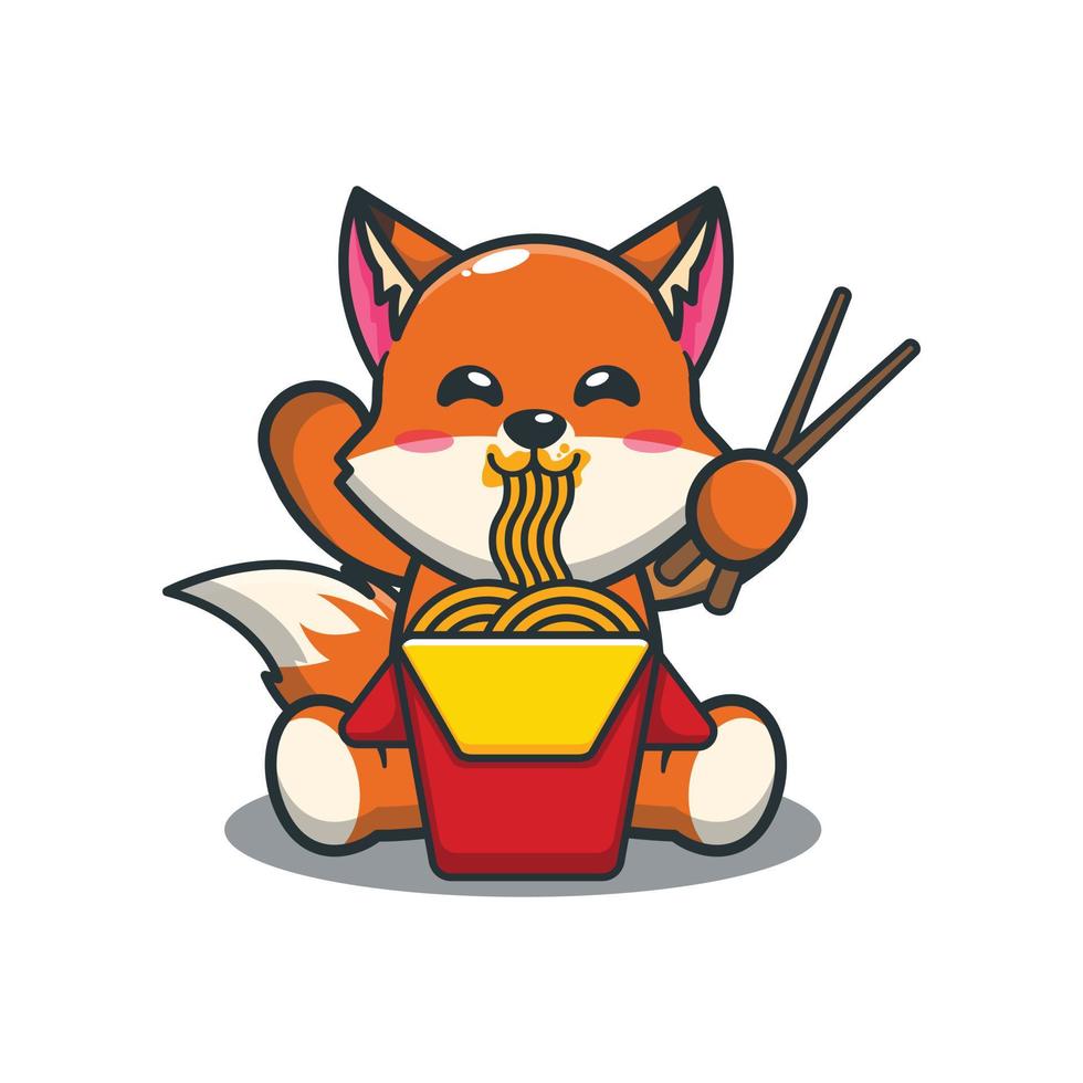 Cute fox eating noodle cartoon vector illustration