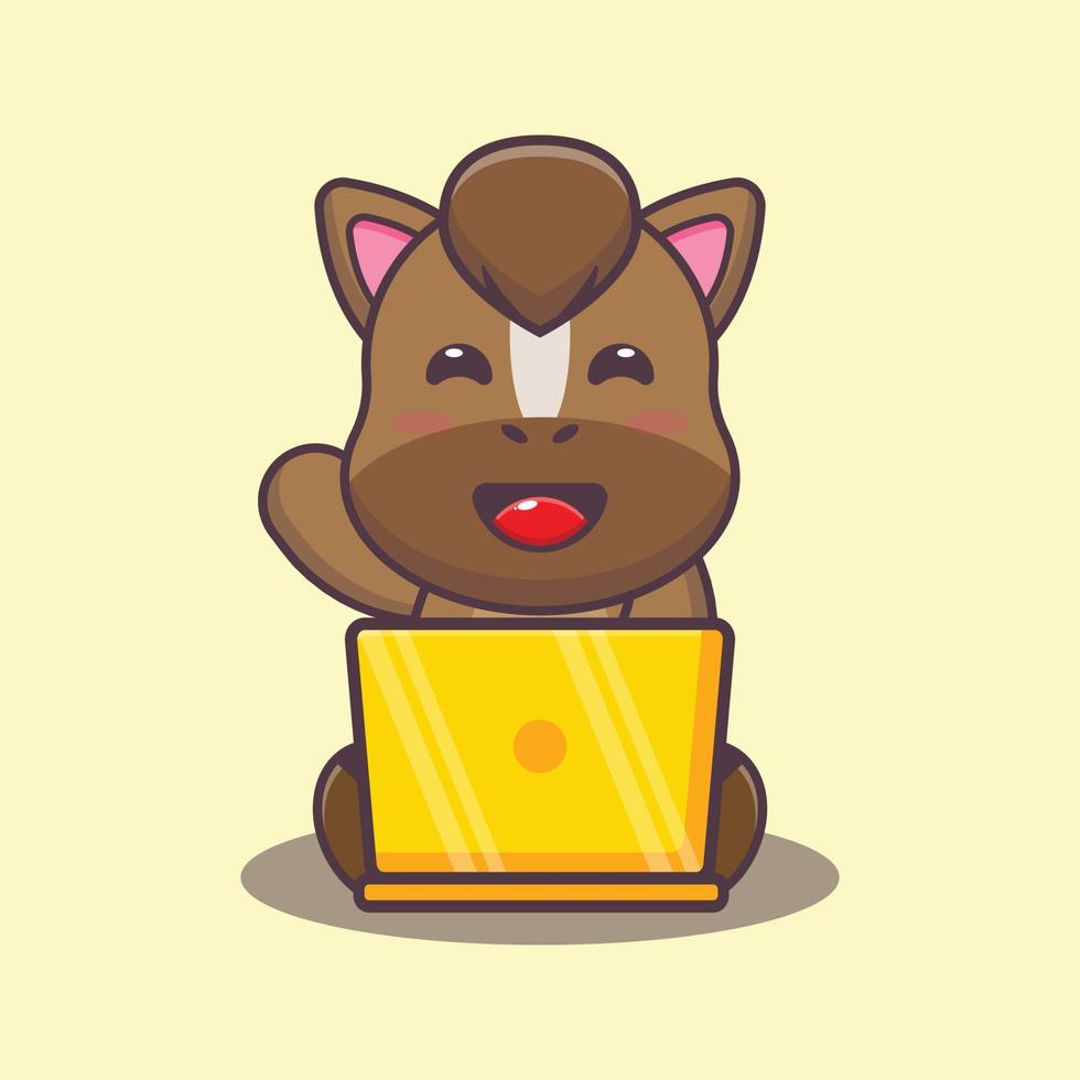 Cute horse with laptop cartoon vector illustration