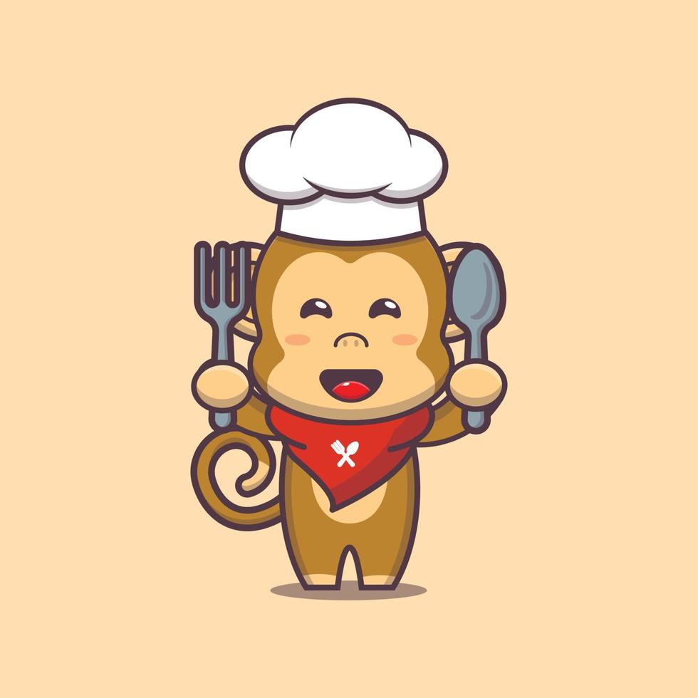 cute monkey chef mascot cartoon character holding spoon and fork vector