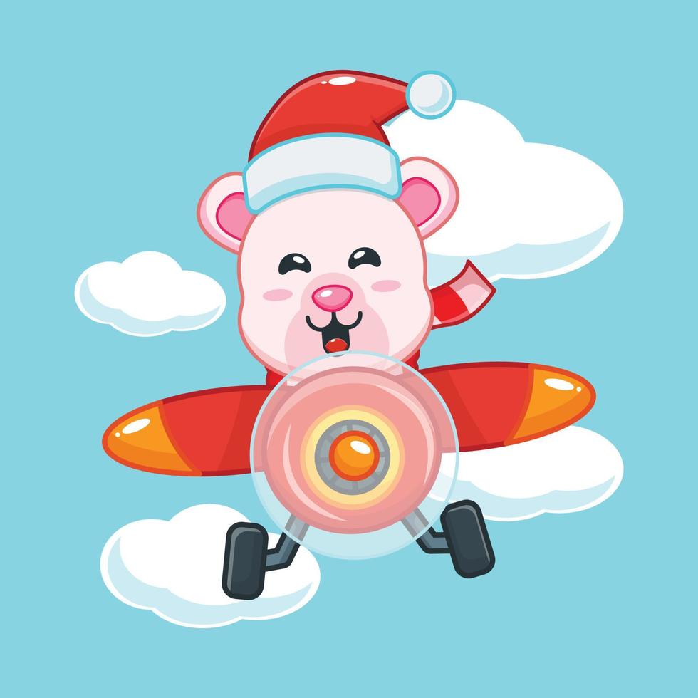 Cute polar bear cartoon character wearing santa hat fly with plane vector