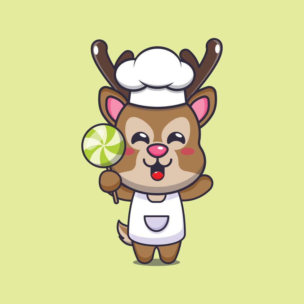 cute deer chef mascot cartoon character holding candy vector