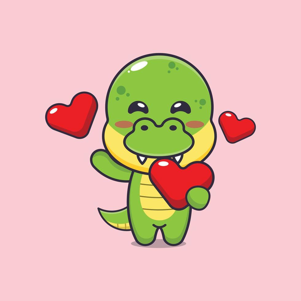 lindo personaje de dibujos animados de dino con corazón de amor en el día de san valentín vector