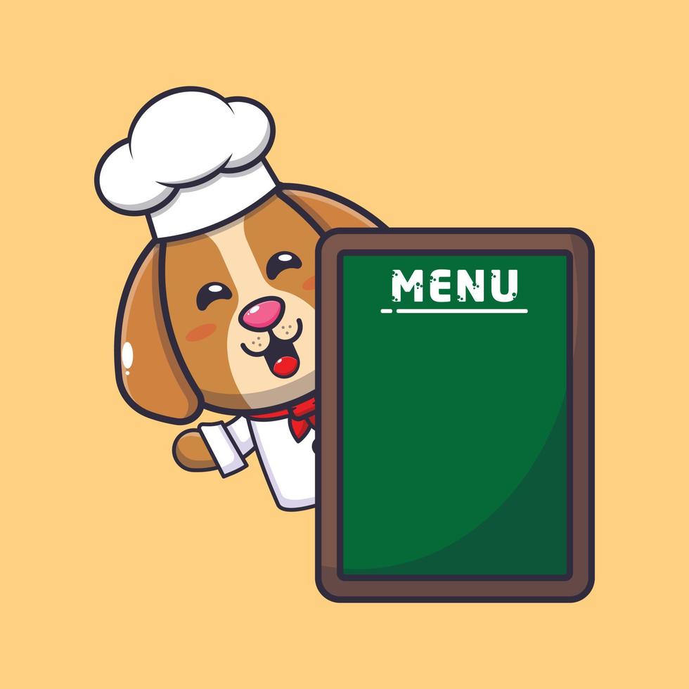 lindo perro chef mascota personaje de dibujos animados con tablero de menú vector