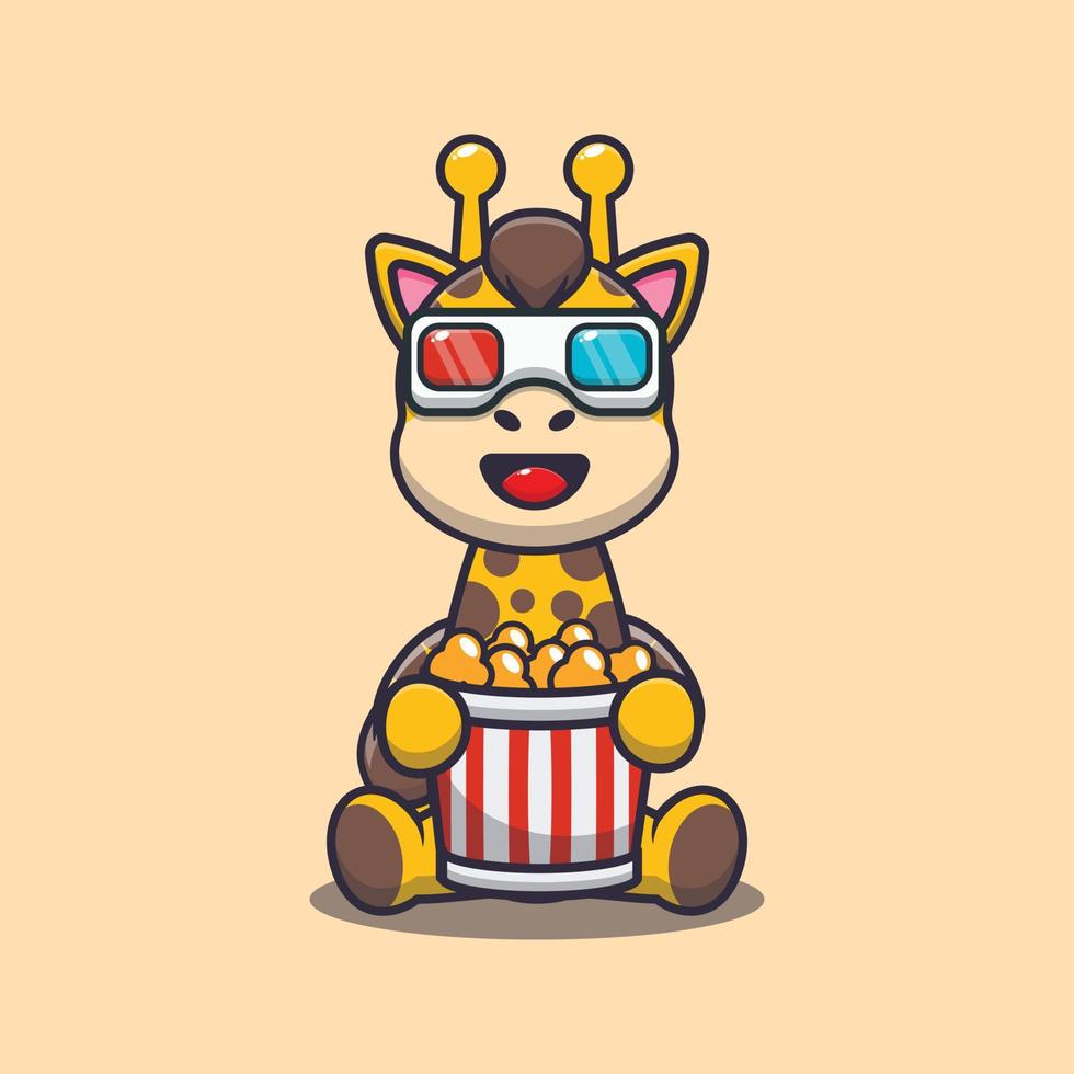 Cute giraffe eating popcorn and watch 3d movie vector