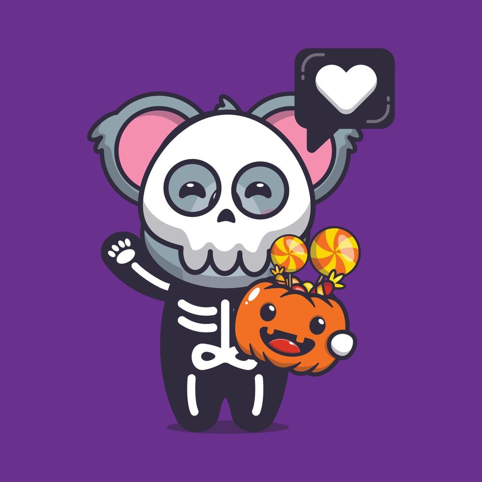Cute koala with skeleton costume holding halloween pumpkin vector