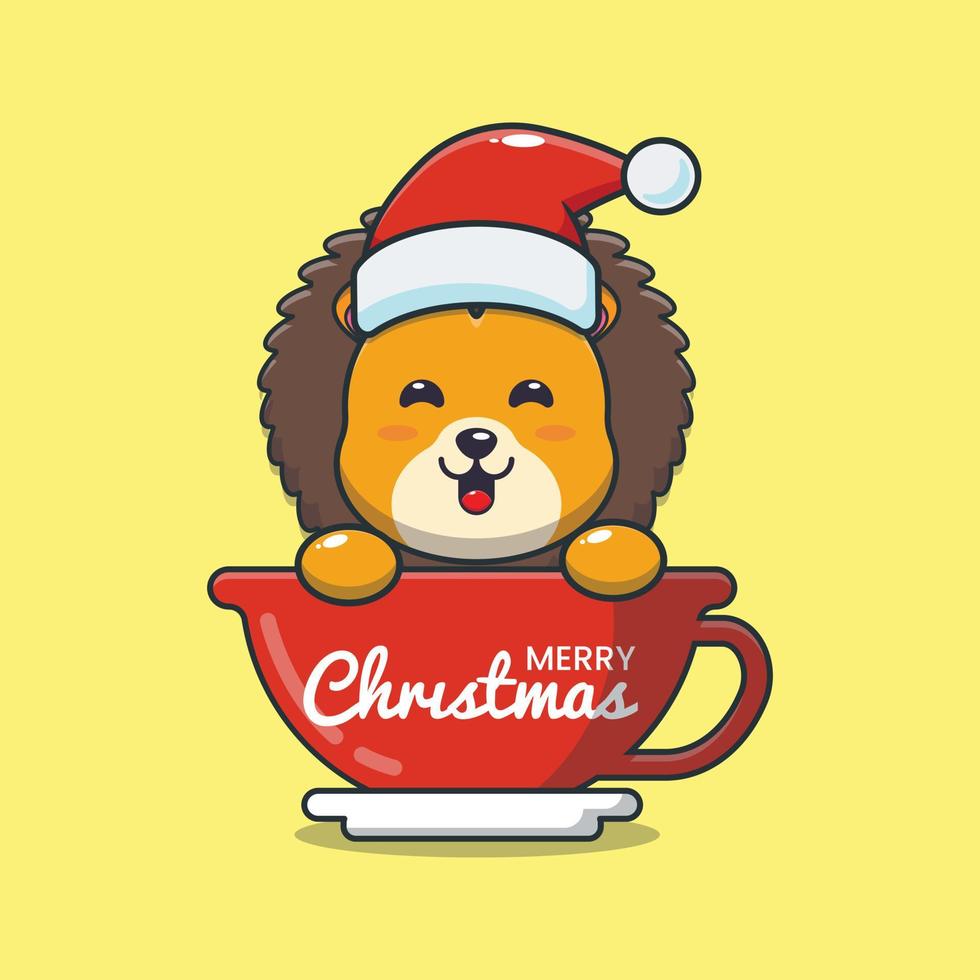 Cute lion cartoon character wearing santa hat in cup vector