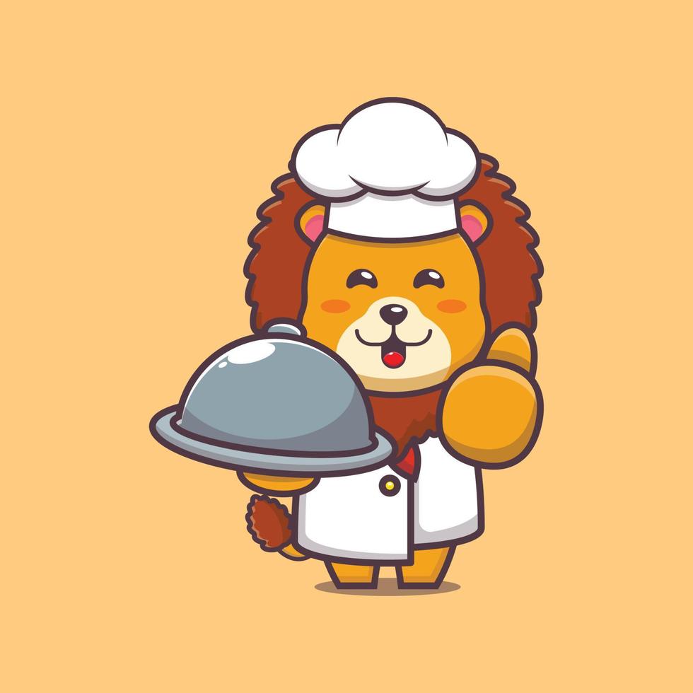 lindo personaje de dibujos animados de la mascota del chef león con plato vector