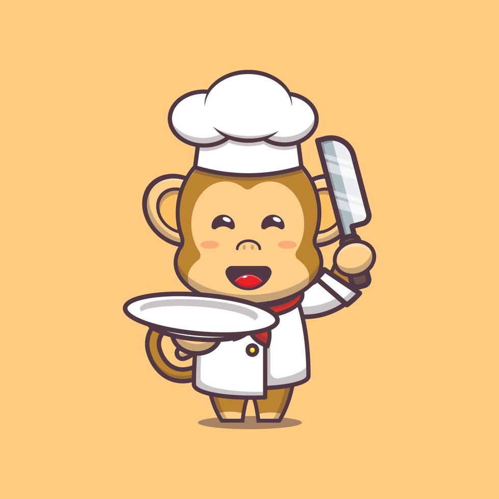 cute monkey chef mascot cartoon character with knife and plate vector