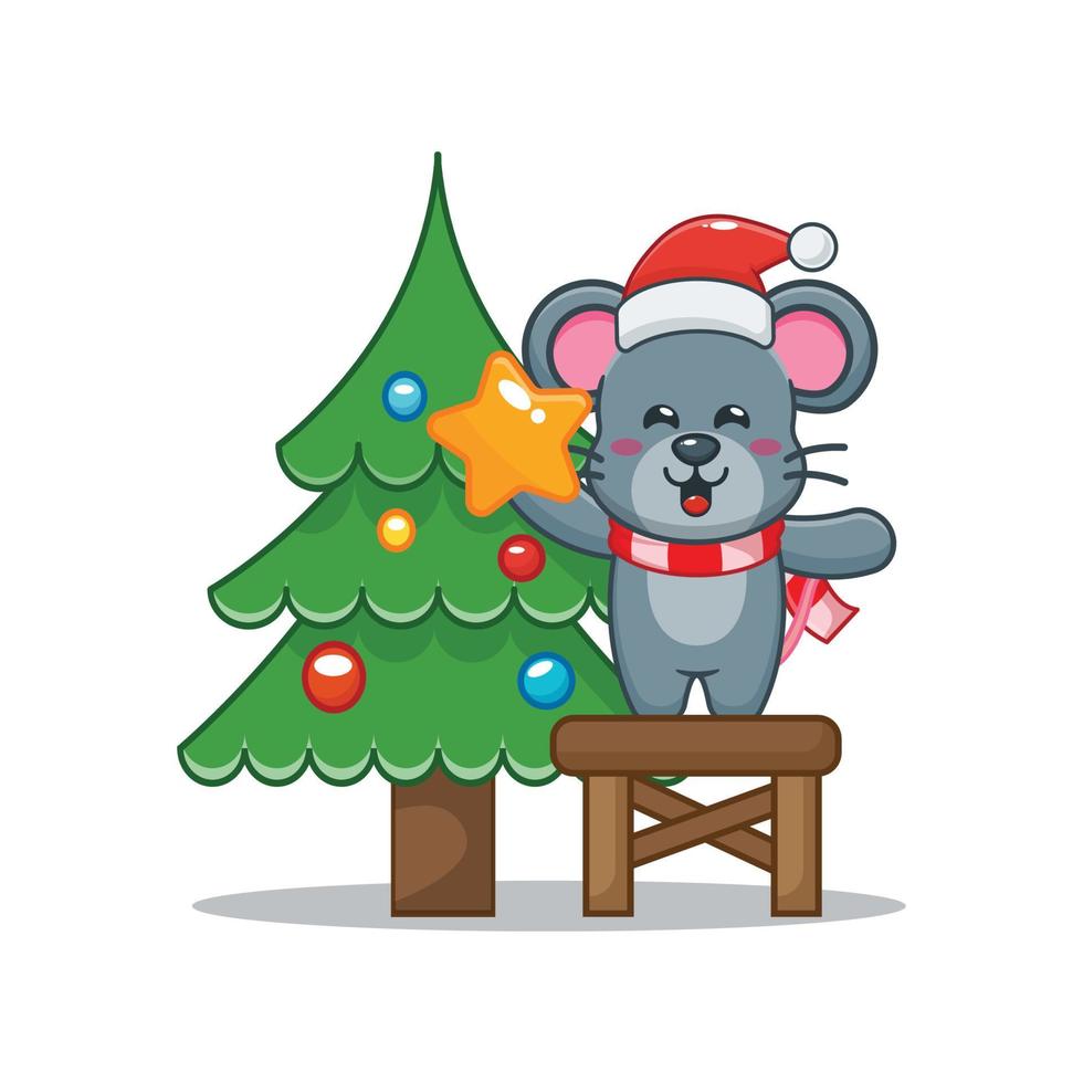 Cute mouse cartoon character taking star from christmas tree vector