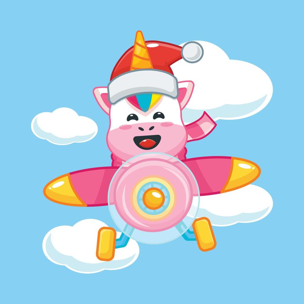 lindo personaje de dibujos animados de unicornio con sombrero de santa volar con avión vector