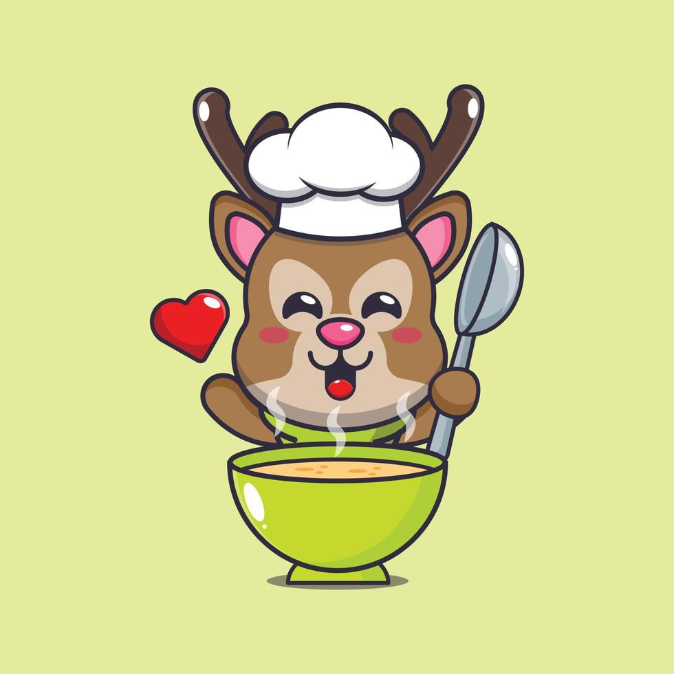cute deer chef mascot cartoon character with soup vector