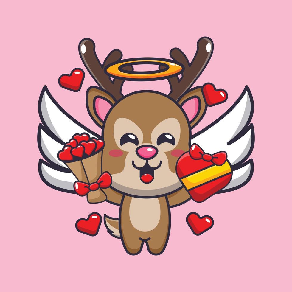 lindo personaje de dibujos animados de ciervo cupido con regalo de amor y ramo de amor vector