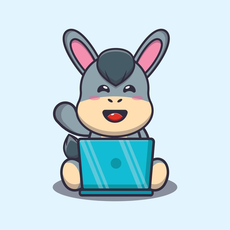 Cute donkey with laptop cartoon vector illustration