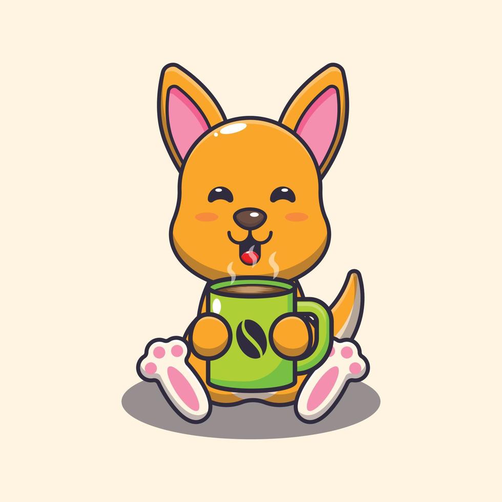 Cute kangaroo with hot coffee cartoon vector illustration