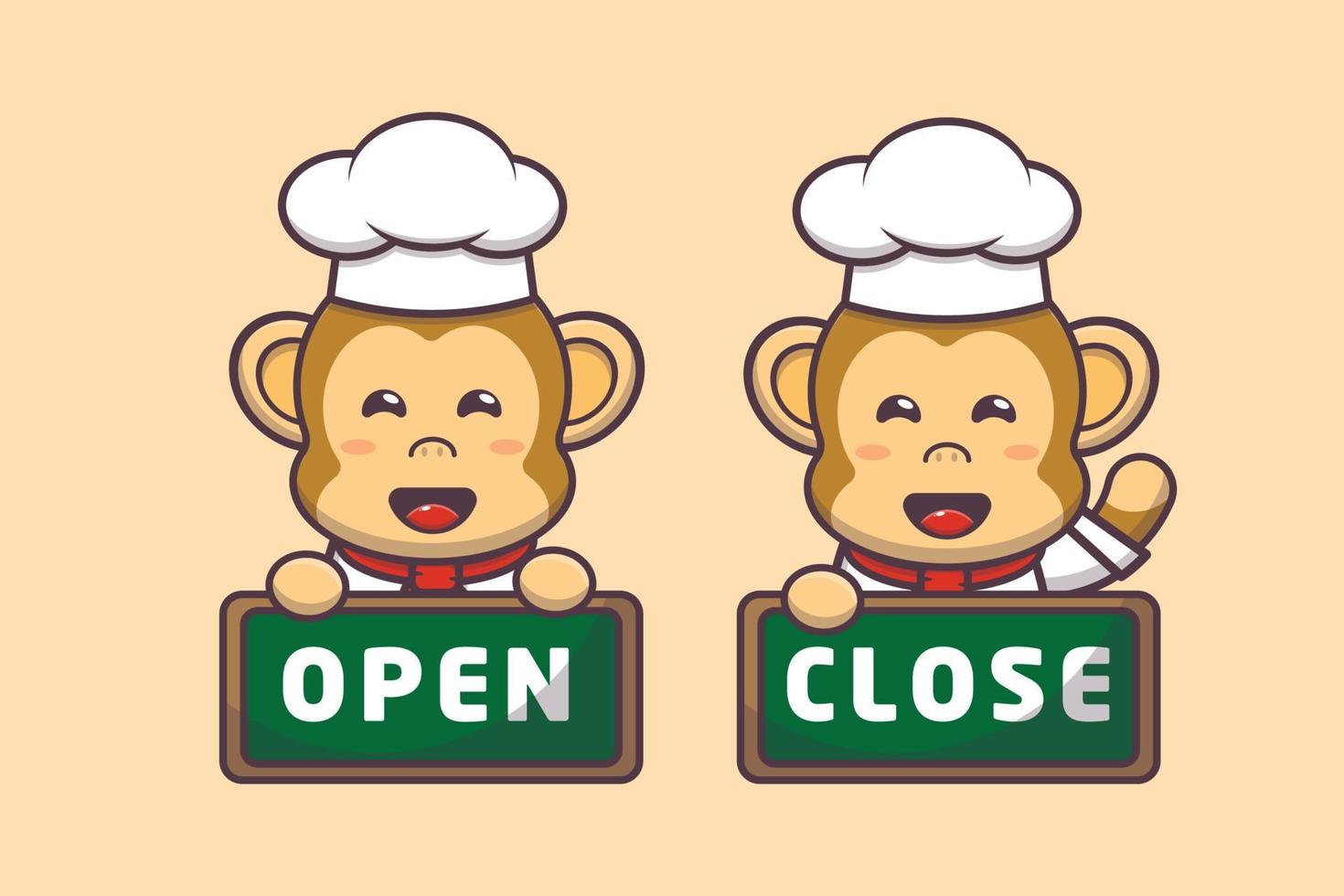 cute monkey chef mascot cartoon character with open and close board vector