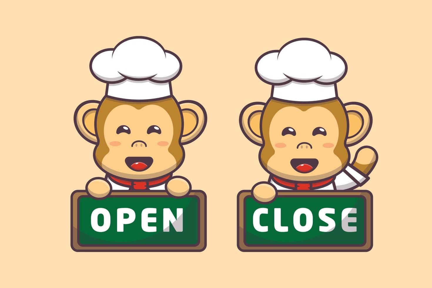 cute monkey chef mascot cartoon character with open and close board vector