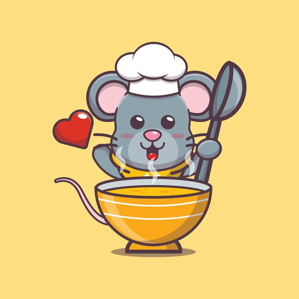 Cute mouse chef mascota personaje de dibujos animados con sopa vector