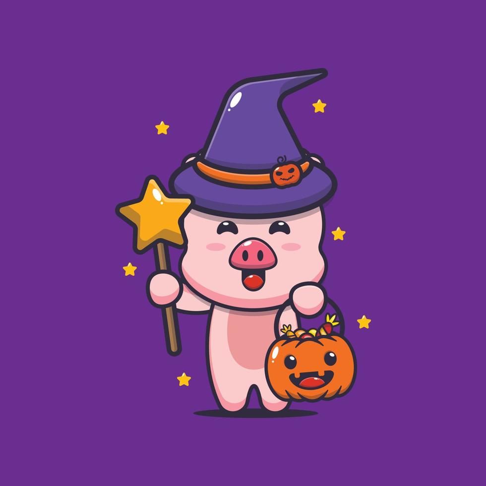 lindo personaje de dibujos animados de cerdo con disfraz de bruja en el día de halloween vector