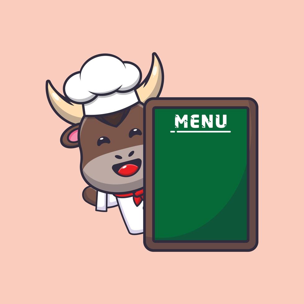 lindo personaje de dibujos animados de la mascota del chef toro con tablero de menú vector