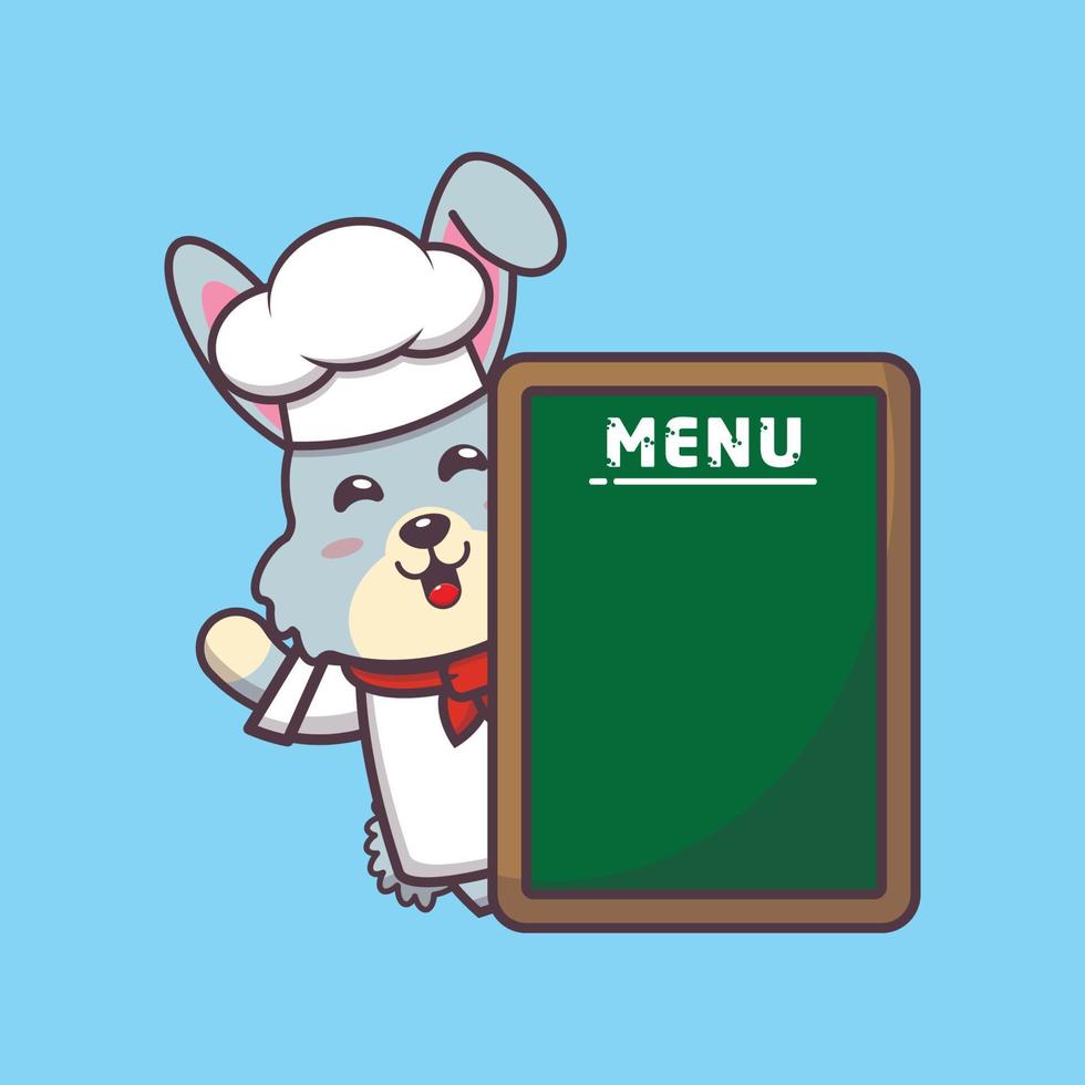 lindo personaje de dibujos animados de la mascota del chef de conejo con tablero de menú vector