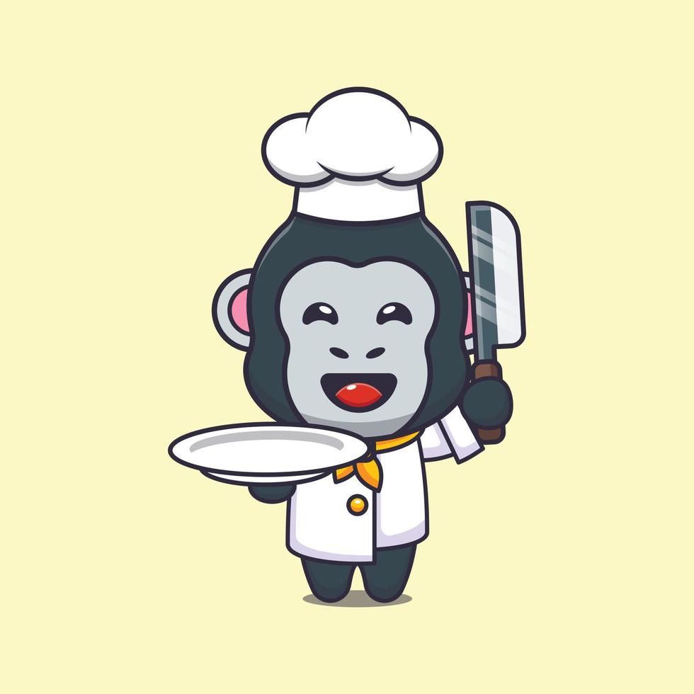 cute gorilla chef mascot cartoon character with knife and plate vector