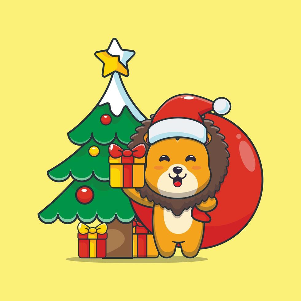 Cute lion carrying christmas gift box with bag vector