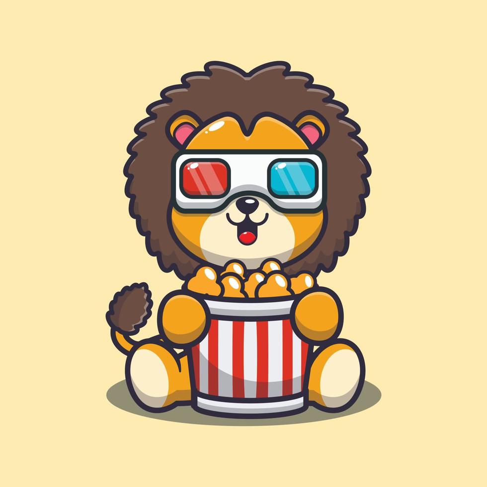 Cute lion eating popcorn and watch 3d movie vector