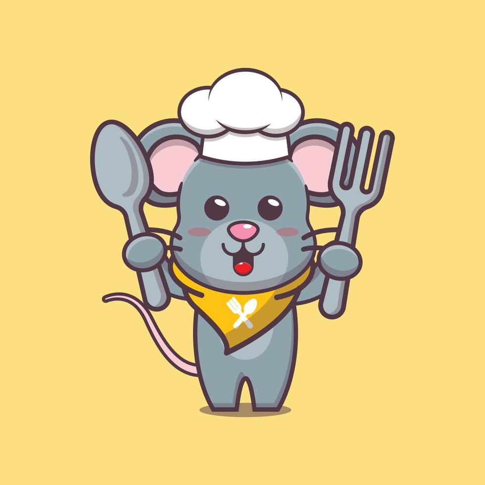 lindo ratón chef mascota personaje de dibujos animados sosteniendo cuchara y tenedor vector