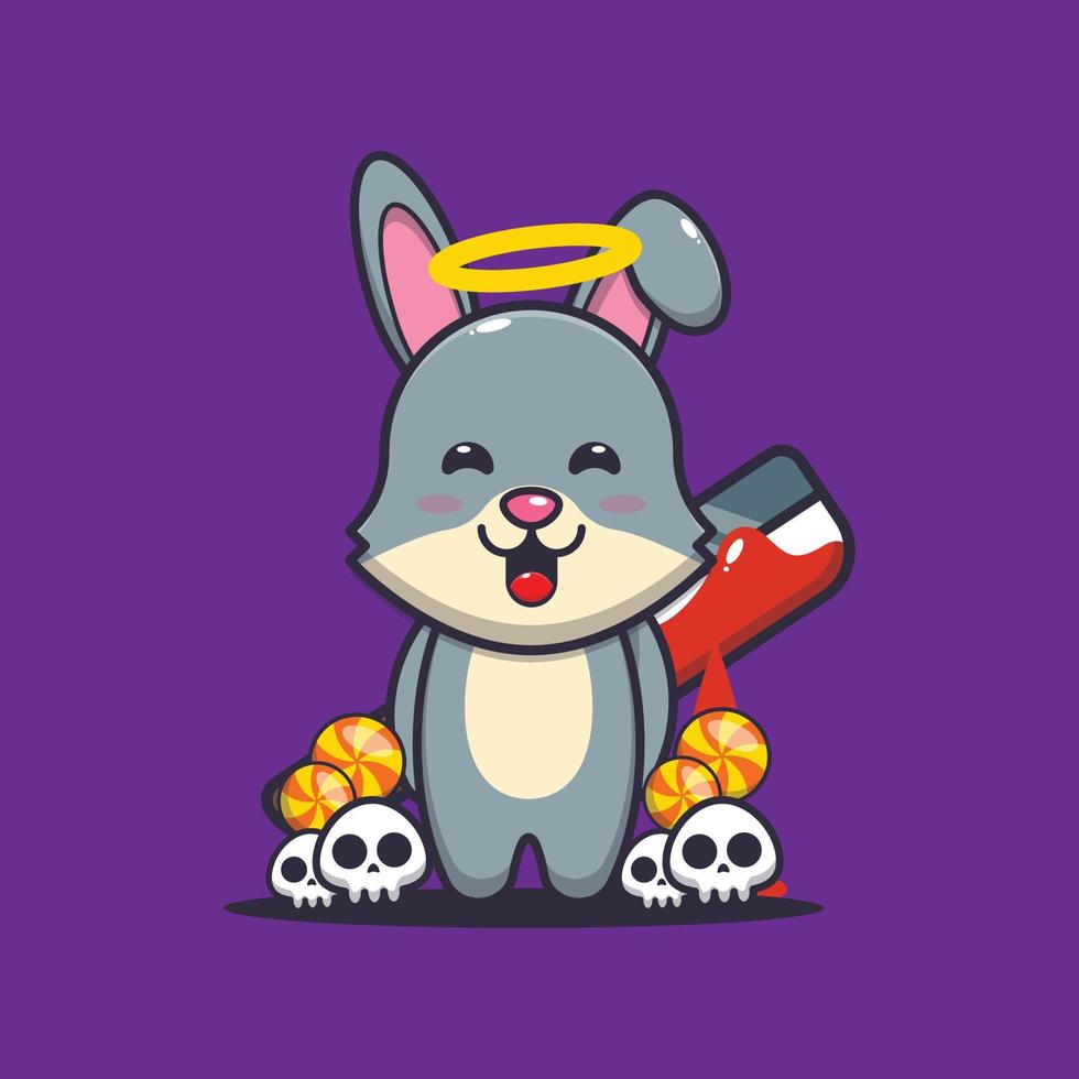 cute angel rabbit cartoon character holding bloody machete in halloween day vector