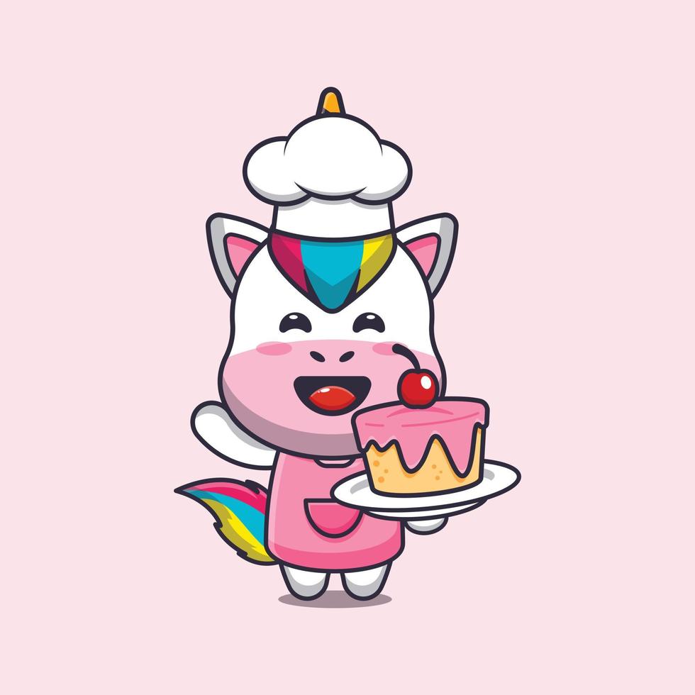 cute unicorn chef mascot cartoon character with cake vector