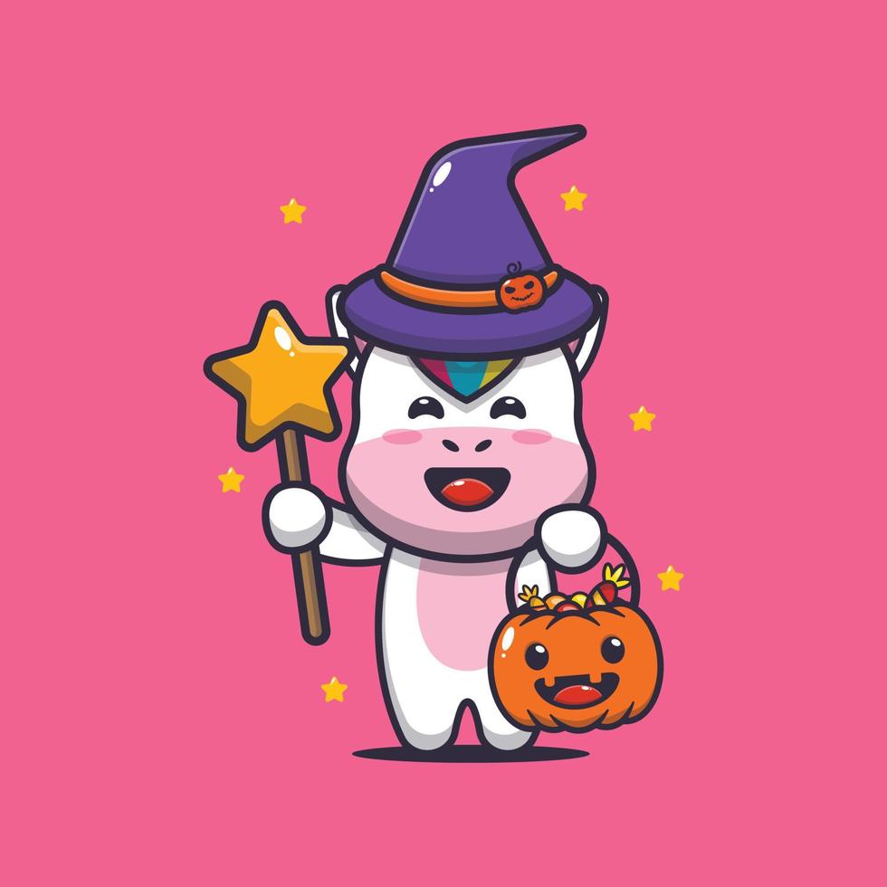 lindo personaje de dibujos animados de unicornio con disfraz de bruja en el día de halloween vector