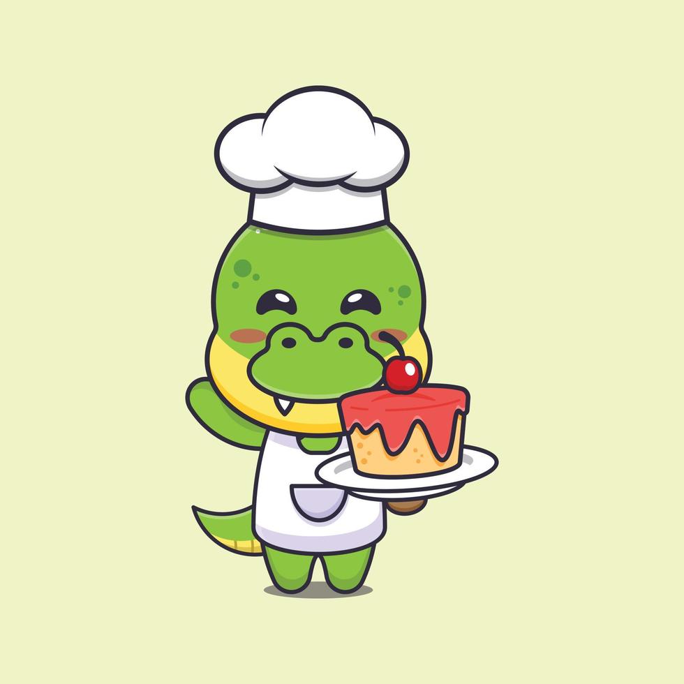 lindo personaje de dibujos animados de la mascota del chef dino con pastel vector