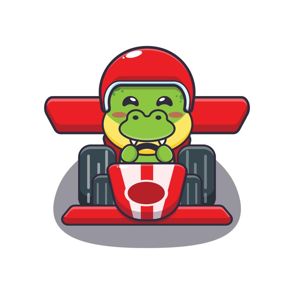 cute dino mascot cartoon character riding race car vector