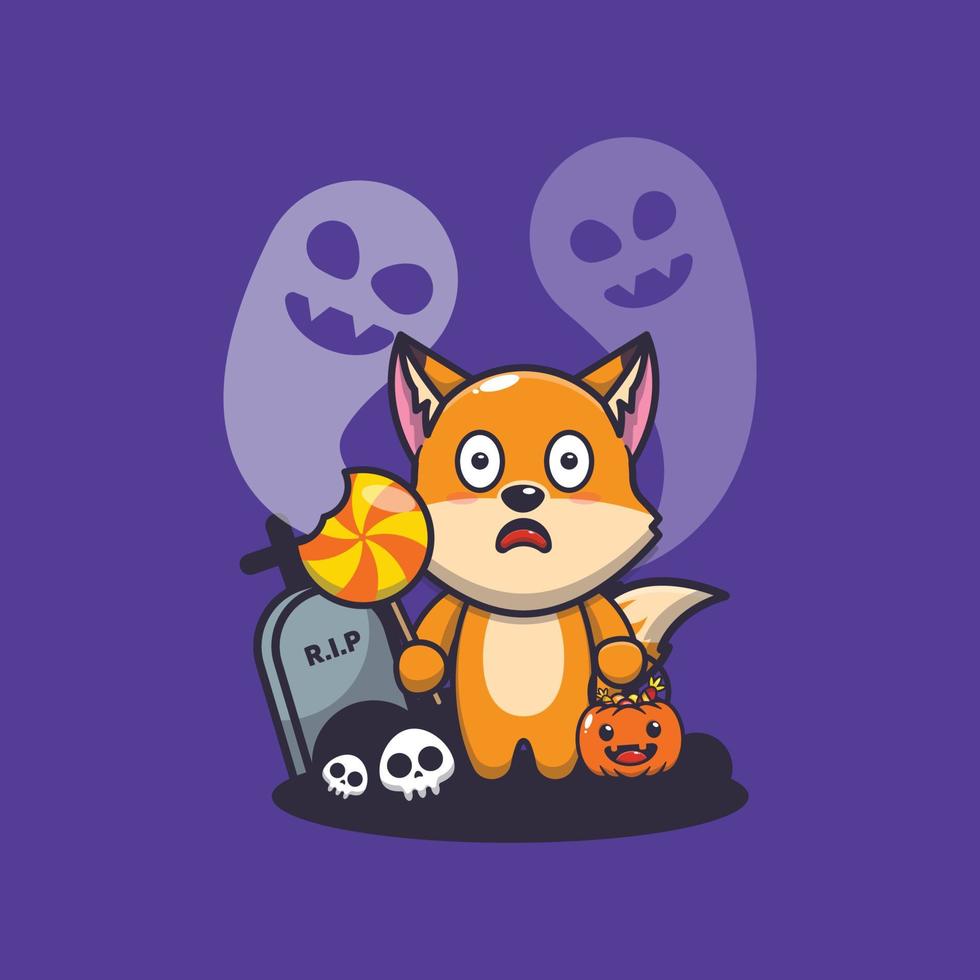 Cute fox cartoon character scared by ghost in halloween day vector