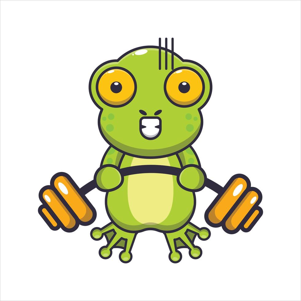 Cute frog lifting barbell cartoon vector illustration