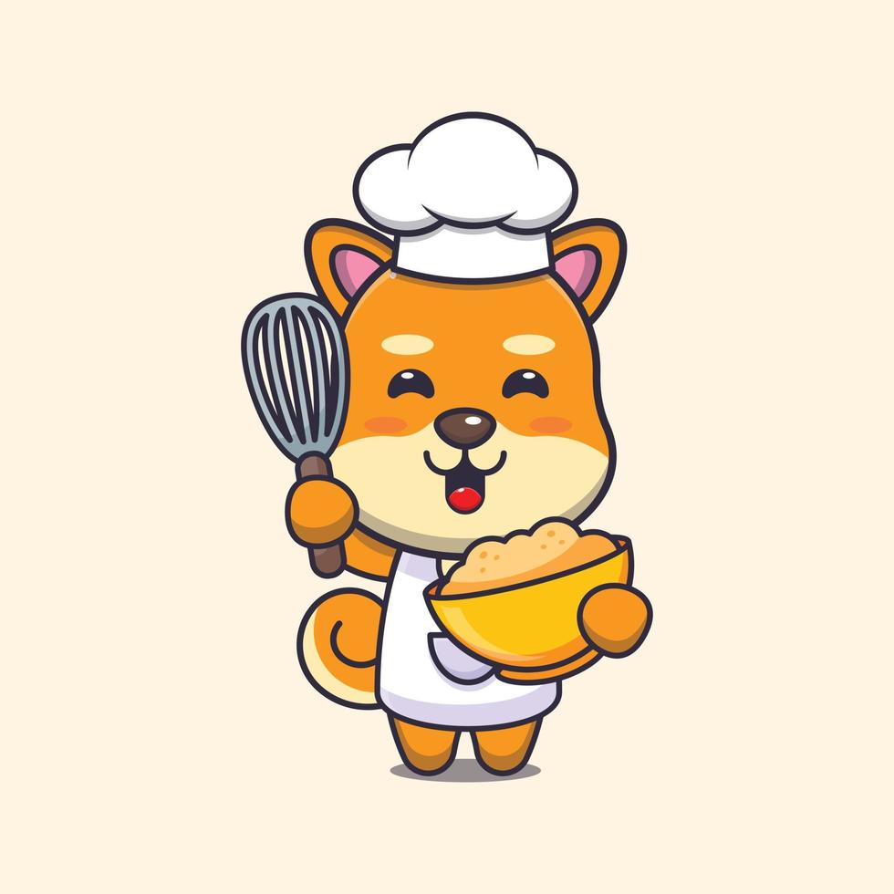 lindo shiba inu perro chef mascota personaje de dibujos animados con masa de pastel vector