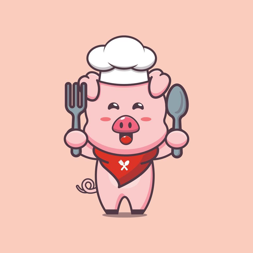 cute pig chef mascot cartoon character holding spoon and fork vector