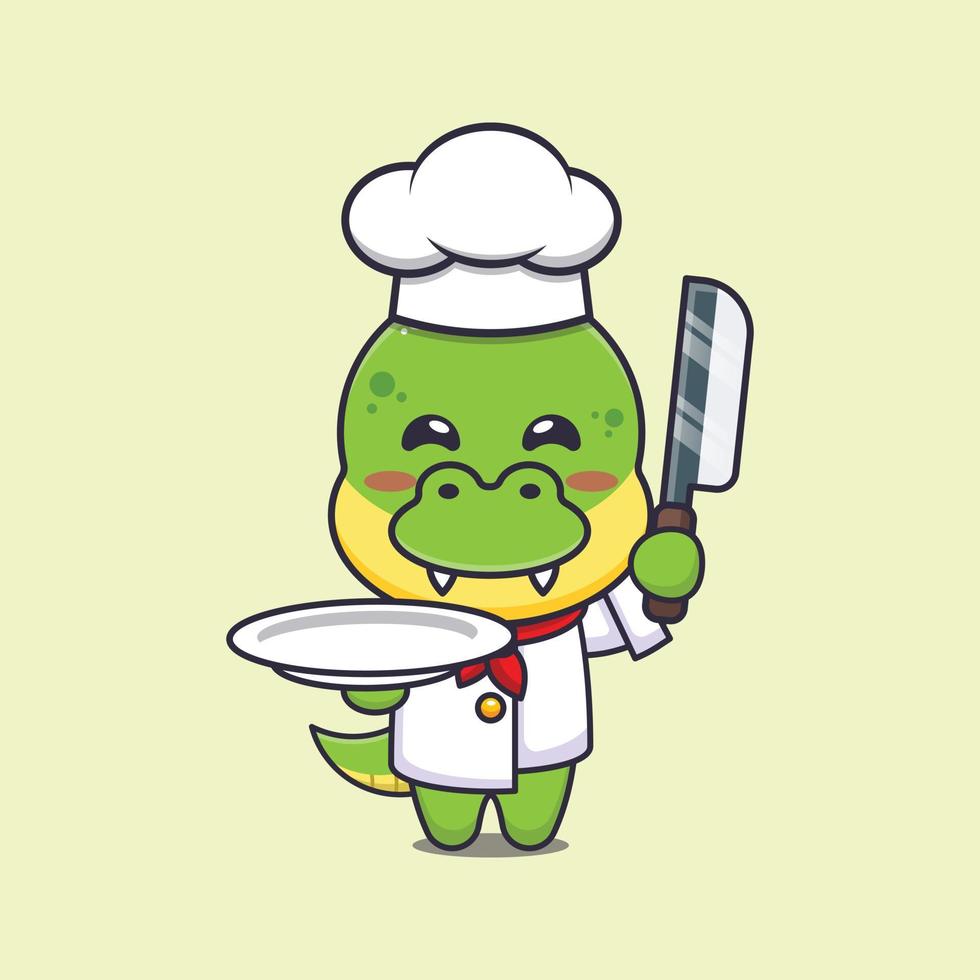 cute dino chef mascot cartoon character with knife and plate vector