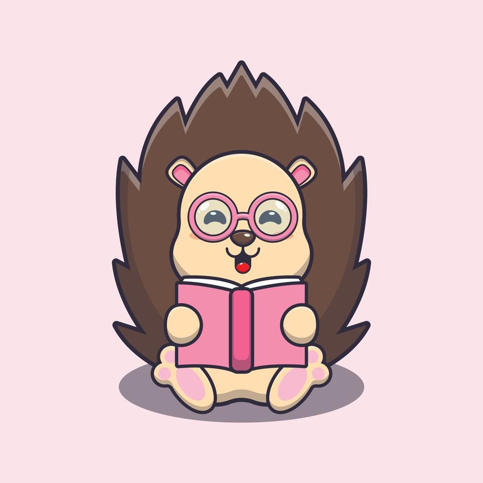 Cute hedgehog reading a book cartoon vector illustration