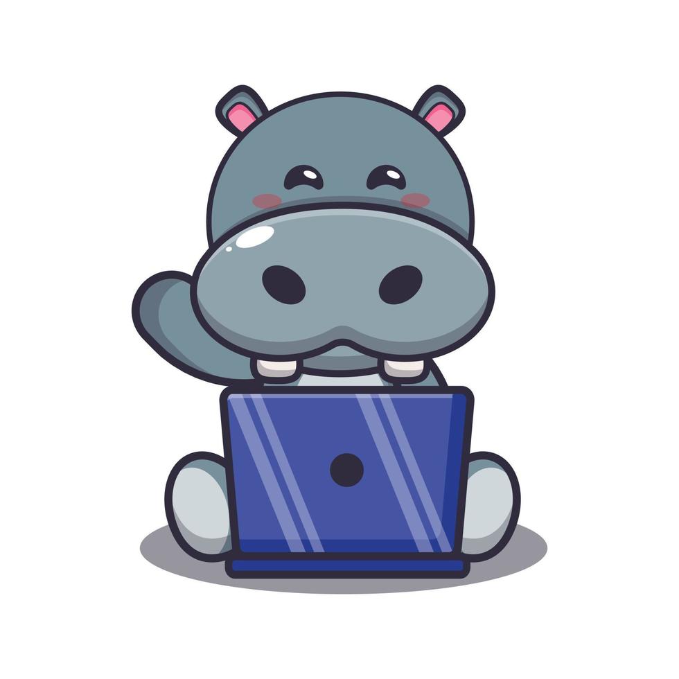 Cute hippo with laptop cartoon vector illustration