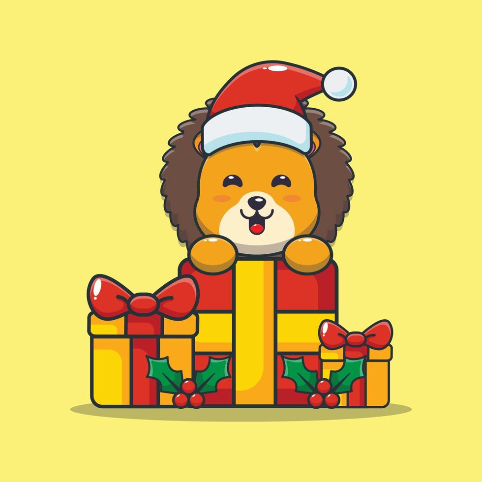 lindo personaje de dibujos animados de león con regalo de navidad vector